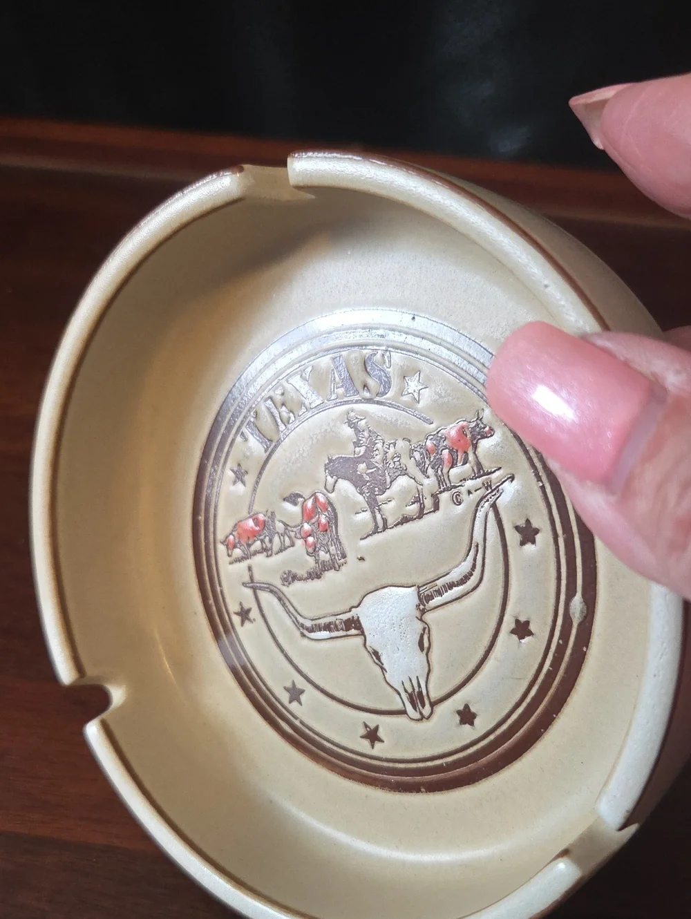 Vintage Texas Longhorn Ceramic Ashtray - Beige and Brown